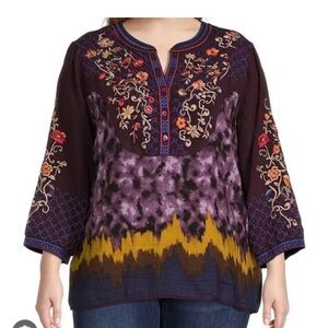 John Mark plum embroidered tie dye top